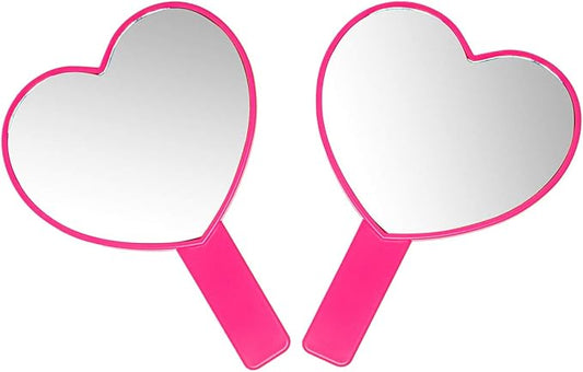 2PCS Heart-Shaped Makeup Hand Mirror,Travel Handheld Mirror Portable Personal Cosmetic Mirror with Handle (Rose red)
