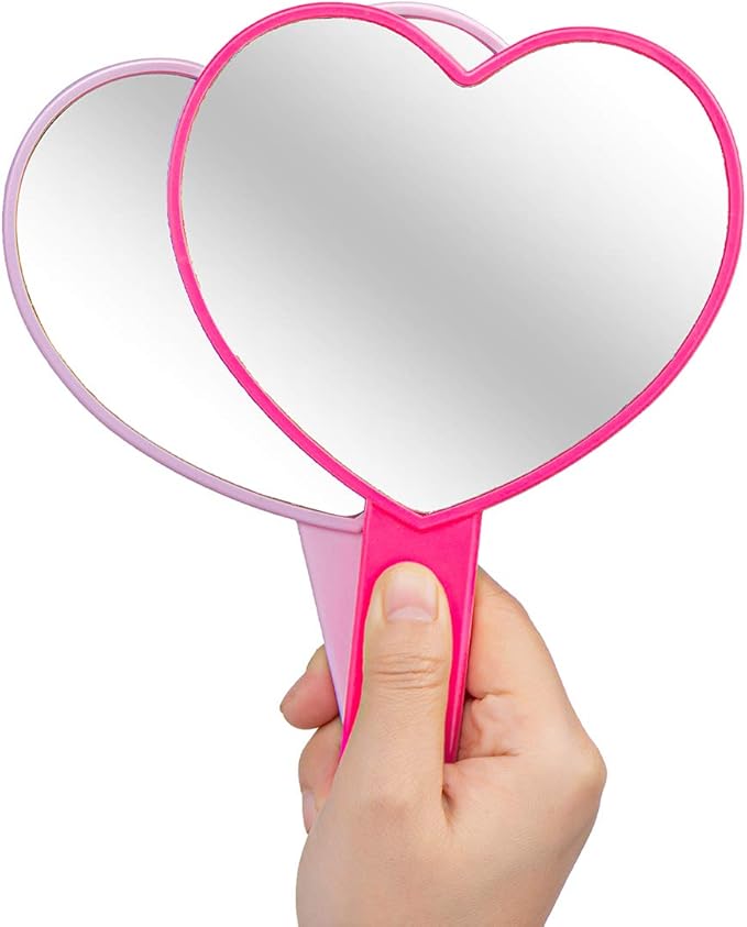 2PCS Heart-Shaped Makeup Hand Mirror,Travel Handheld Mirror Portable Personal Cosmetic Mirror with Handle (Rose red)