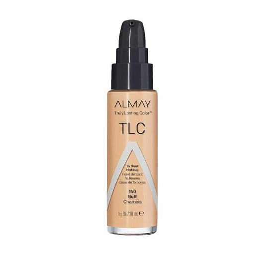 Almay Liquid Foundation, Truly Lasting Color, Long Wearing Natural Finish, Vitamin E and Lemon Extract, Hypoallergenic, Cruelty-Free, Dermatologist Tested, 140 Buff, 1 fl oz