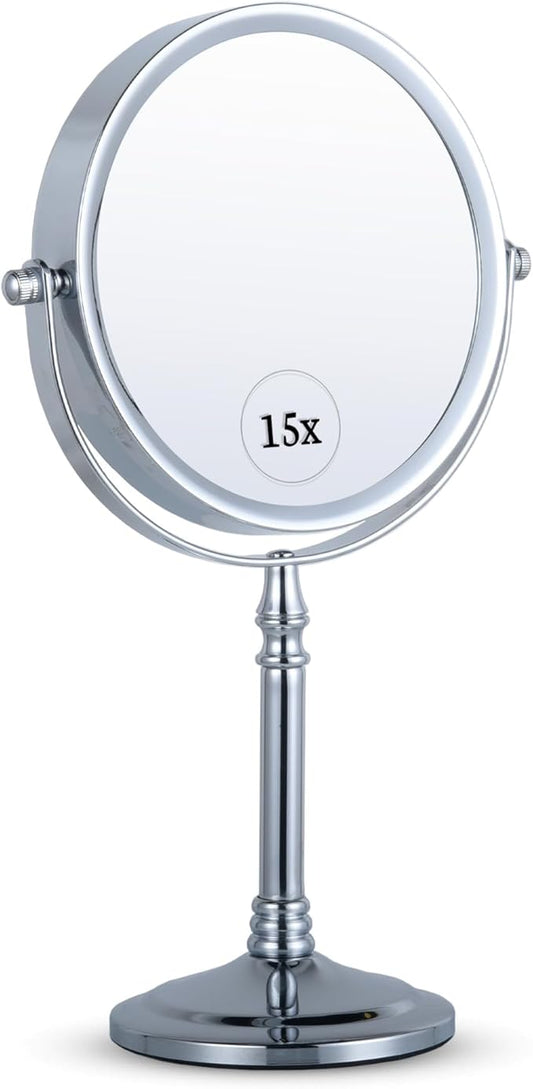 MIRRORVANA 15X Magnifying Makeup Mirror with Stand - Double-Sided 15X/1X Design - Suitable for Vanity Desk, Dressing Table, or Bathroom Countertop for Precise Make Up - 12" High x 6" Wide (Chrome)