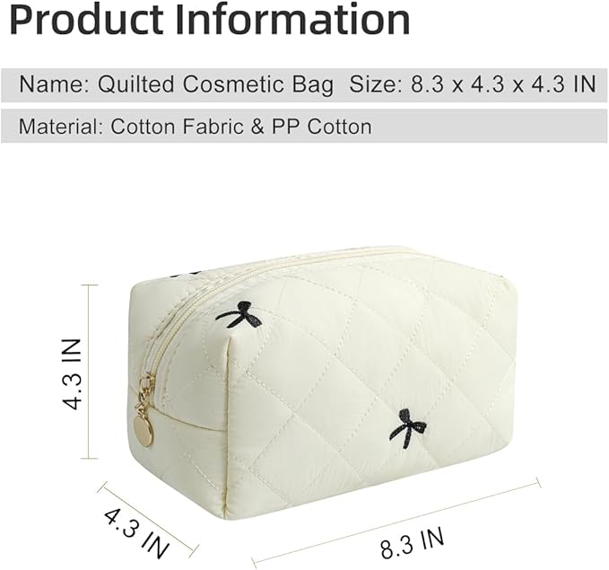 Gleyemor Small Quilted Makeup Bag for Women, Cute Floral Bow Cosmetic Bag, Emergency Bag Travel Toiletry Cotton Pouch Gifts for Girls Her Mom Friend Sister Bridesmaid (White&Black Bow)