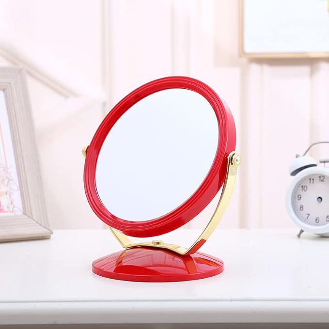 1 Piece 2-Sided Round Shaped Makeup Mirror with Round Base Swivel Makeup Mirror Tabletop Two-Sided Swivel Vanity Mirror Tabletop Makeup Mirror Cosmetic Mirror for Bedroom Bathroom, Red