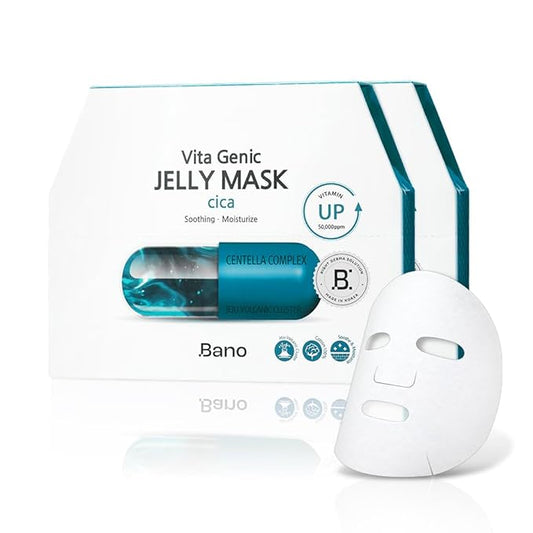 Bano Vita Genic Jelly Face CICA Mask 10EA – Soothing & Hydrating Sheet Mask for Sensitive Skin, Korean Glass Skin Care with Centella, Vitamin C, Biotin & Niacinamide, Fragrance-Free, Pack of 2