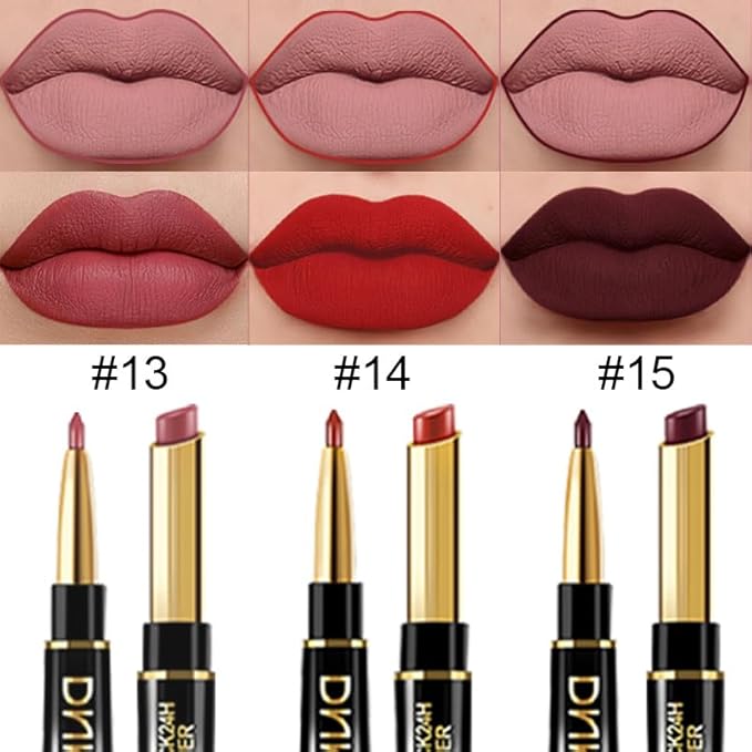 BINGBRUSH 2 IN 1 Lip Liner & Lipstick Makeup Set, Dark Red Matte Metallic Lipliner Set for Black Mature Women Waterproof Long Lasting Gift Set (3Pcs Set05-Matte:13#14#15#, 3Pcs)