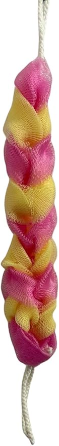 Long Reach Nylon Mesh Elastic Dual-Color Bathing Sponge for Soft Sensitive Skin (Pink-Yellow)