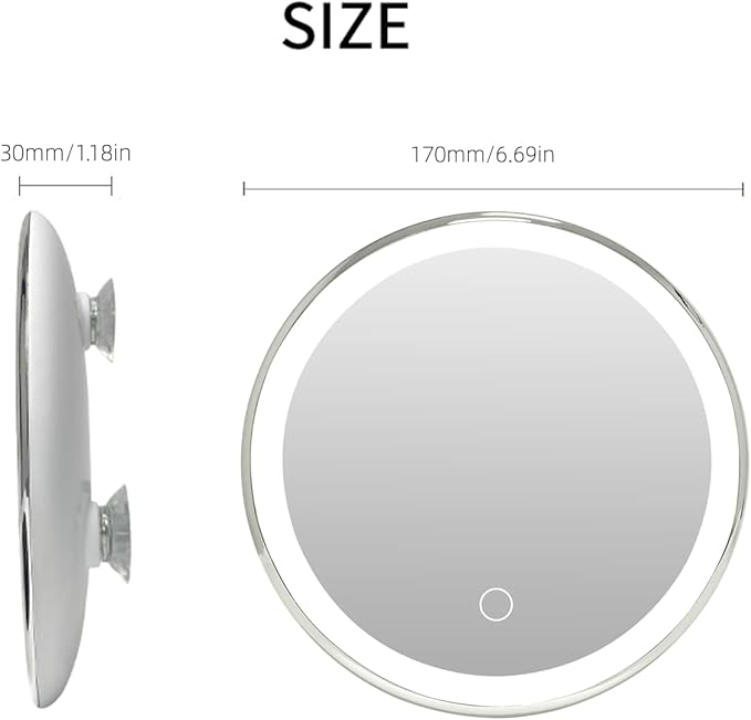 10X Magnifying Mirror Suction Cup with Light, Rechargeable Lighted Makeup Mirror, Compact Portable Bathroom Mirror for Travel