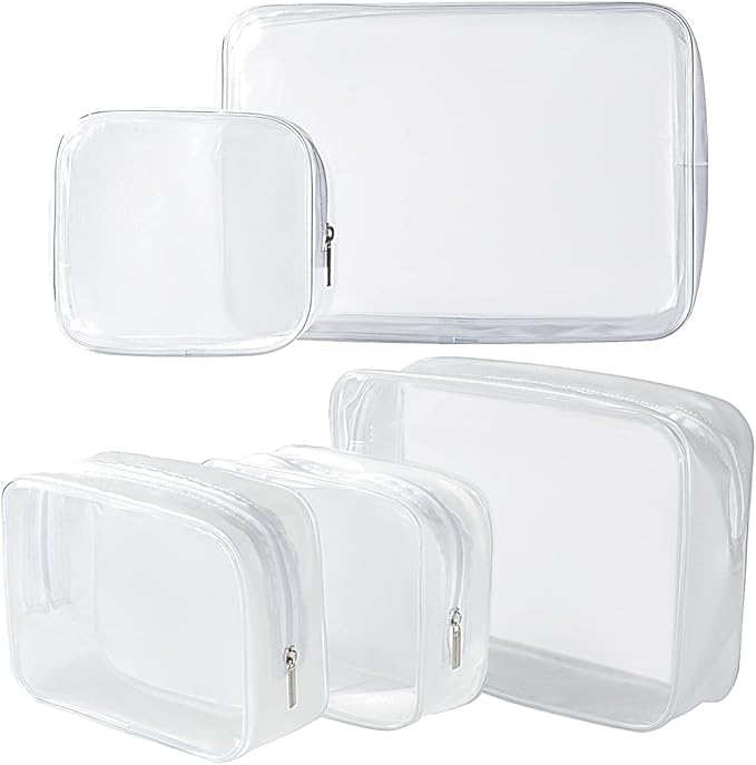 5 Pack Clear Plastic Zippered Toiletry Carry Pouch TSA Approved Toiletry Bag Portable Cosmetic Makeup Bag for Vacation, Bathroom and Organizing (White, Mixed Size)