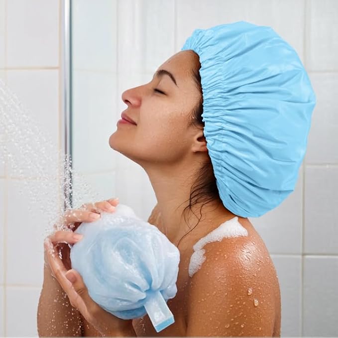 Reusable Shower Cap for Women, Large Waterproof Shower Essentials Bonnet Washable Elastic Band Bath Hair Wrap Hat for Long Hair, Braids(Light Blue)