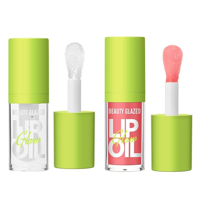 Beauty Glazed Big Brush Head Lip Oil, Ultra-Hydrating & Nourishing, Smooth Glossy Finish Lip Glow Oil, Shiny and Vegan Tinted Lip Gloss, Non-Sticky Formula (2, 101# MEET & 102# KISS)