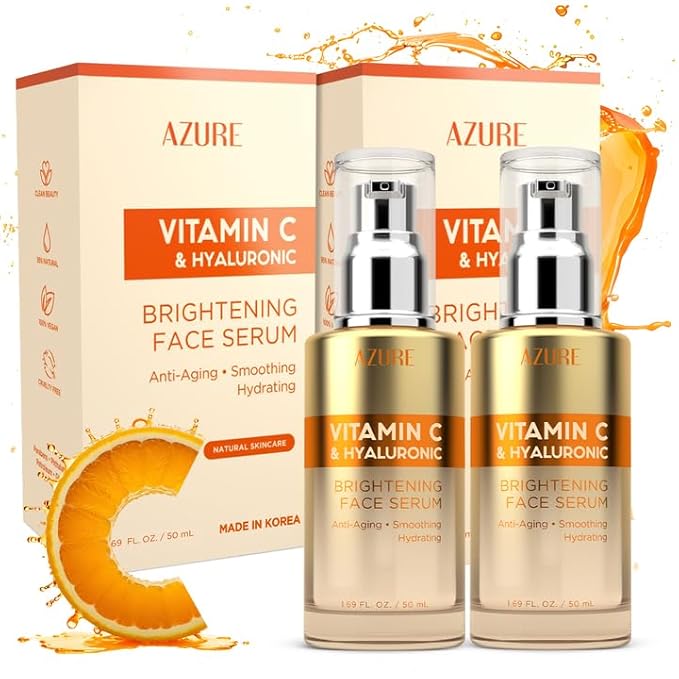 Azure Cosmetics Vitamin C Serum For Face - Dermatologist Tested, Anti-Aging with Hyaluronic Acid for Dark Spots, Fine Lines & Wrinkles - Brightning, Clean, Korean Skincare for Glass Skin - 2 Pack