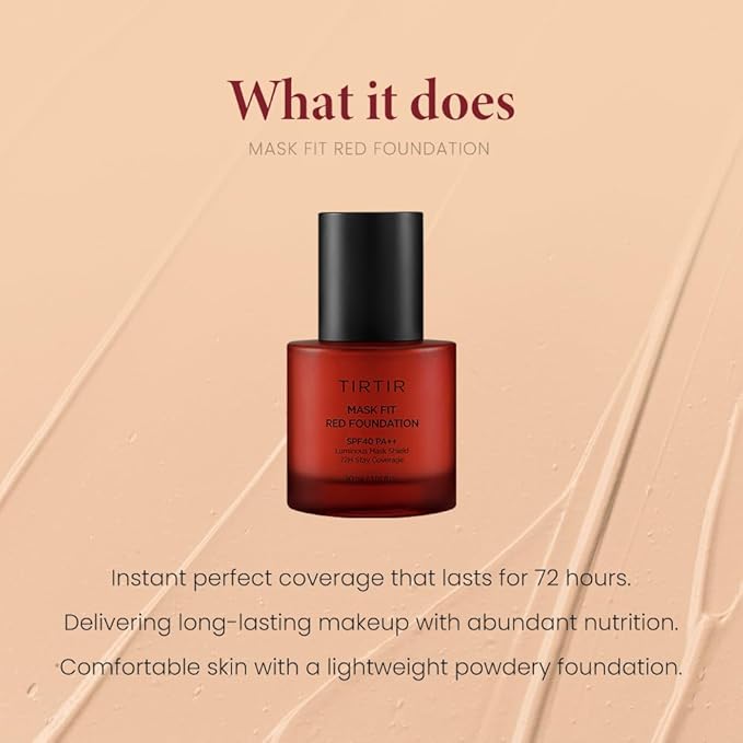 TIRTIR Mask Fit Red Foundation | High Coverage, Long-Lasting, Lightweight, Buildable Coverage, Radiant Semi-Matte Finish, All Skin Types, Korean Foundation, 17 Porcelain