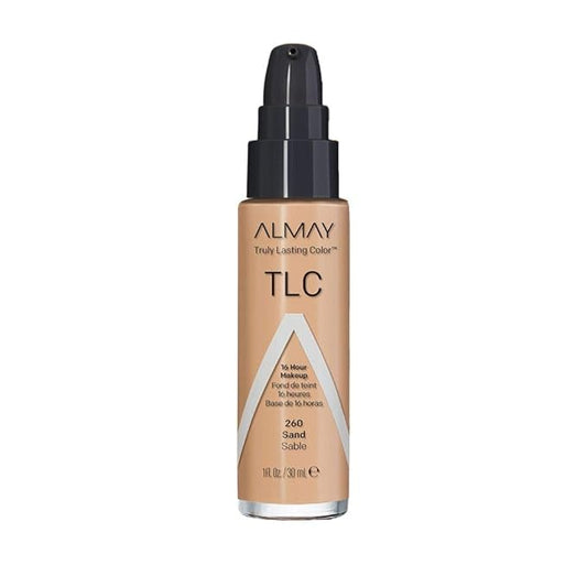 Almay Liquid Foundation, Truly Lasting Color, Long Wearing Natural Finish, Vitamin E and Lemon Extract, Hypoallergenic, Cruelty-Free, Dermatologist Tested, 260 Sand, 1 fl oz