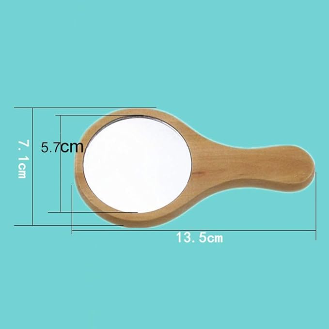 1 Piece Mini Portable Wood Makeup Mirror Handmade Portable Handle Round Cosmetic Mirror with Single Handle Personal Vanity Cosmetic Wooden Handheld Mirror, 7.1x 13.5cm