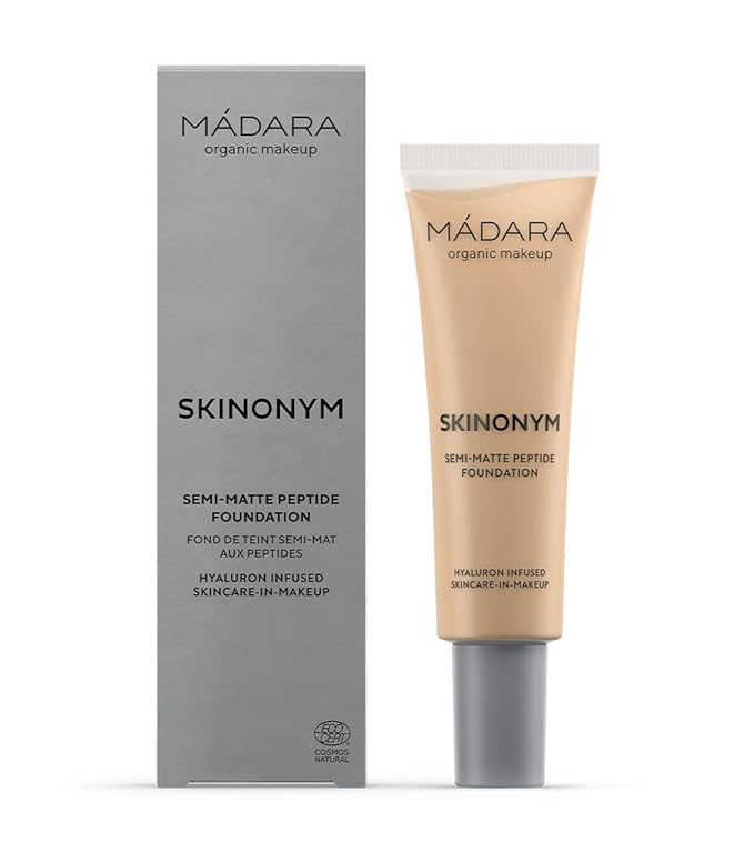 MÁDARA Organic Skincare |SKINONYM Semi-Matte Peptide Foundation, #50 GOLDEN SAND, 30ml – Boosted by collagen-supporting peptides, Semi-matte finish, Adapts to the skin's texture.