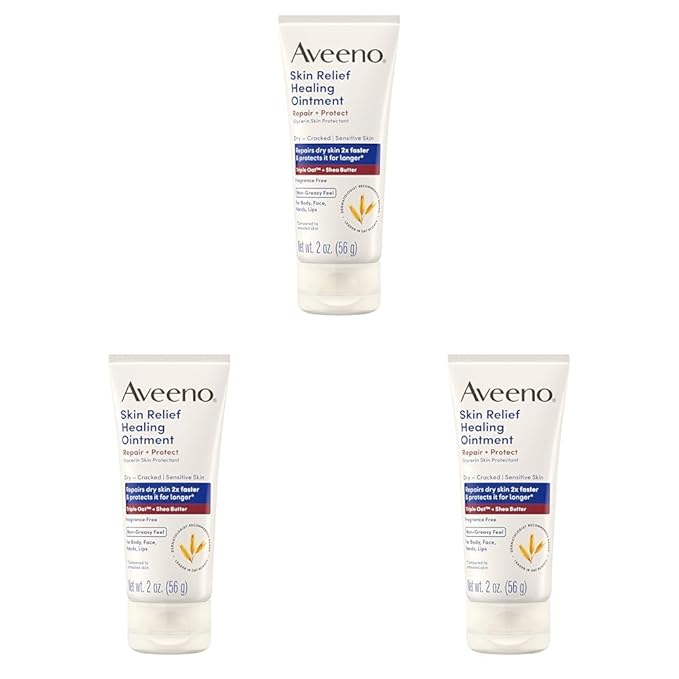 Aveeno Skin Relief Healing Ointment, Repair & Protect Extra Dry, Cracked Skin, Glycerin Protectant with Triple Oat & Shea Butter, Fragrance-Free & Non-Greasy Feel, Travel Size, 2.0 oz (Pack of 3)
