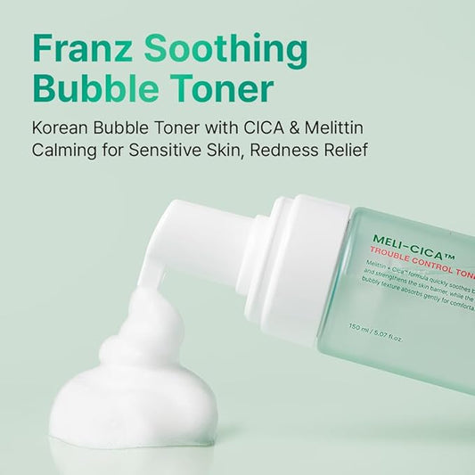 FRANZ Soothing Bubble Toner | Korean Skincare Acne Toner with CICA & Melittin | Calming & Redness Relief Formula | pH 6.0~6.5 Balancing & Oil Control for Sensitive, Acne-Prone Skin | 150ml / 5 fl.oz.