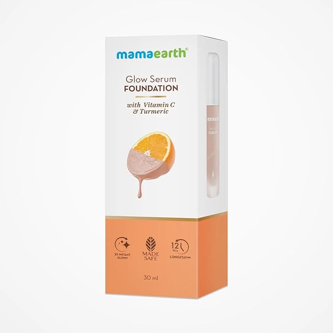 Mamaearth Glow Serum Foundation - 01 Ivory Glow Shade | with Vitamin C & Turmeric | Up to 12 Hour Buildable Coverage | Waterproof & Lightweight | 1.01 Fl Oz (30ml)