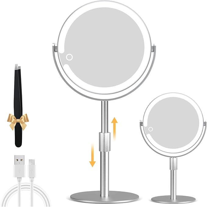 Magnifying Mirror with Light 20X, Height-Adjustable Lighted Makeup Mirror with Magnification, Double - Sided Aluminum Alloy LED Mirror, 3 Lighting Modes Ideal for Desk Bathroom Makeup, Silver