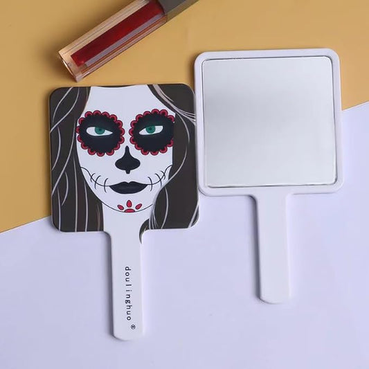 2Pcs Creative Hand Held Makeup Mirror with Printed Skull Makeup Mirror for Women,Girls, Square