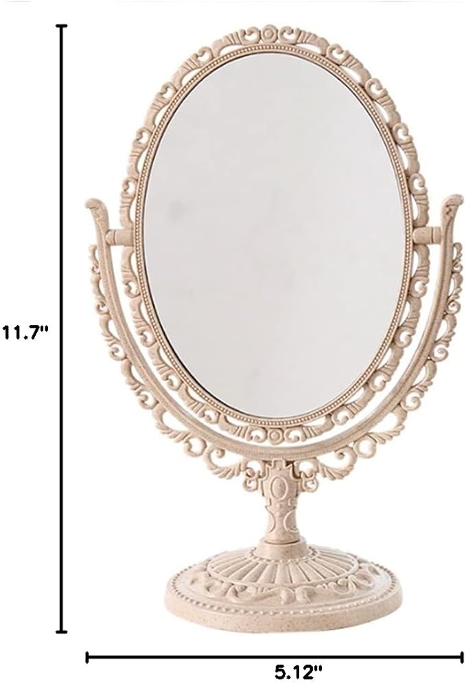 AKOAK 1 Pack Desktop Makeup Mirror, Oval Desk Makeup Mirror, Double-Sided 360-degree Rotating Makeup Mirror Bathroom Bedroom Makeup Mirror, Travel Mirror Suitable for Women (Beige)
