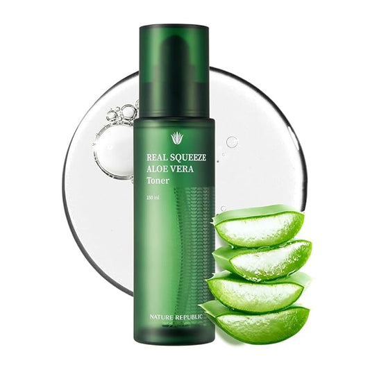 Nature Republic Real squeeze aloe vera Toner –Hydrating Moisturizer & Hydrating Glow for Face Fast-Absorbing, Non-Sticky After Sun & Aftershave Korean beauty Skin Care for All Skin Types150ml / 5.24oz