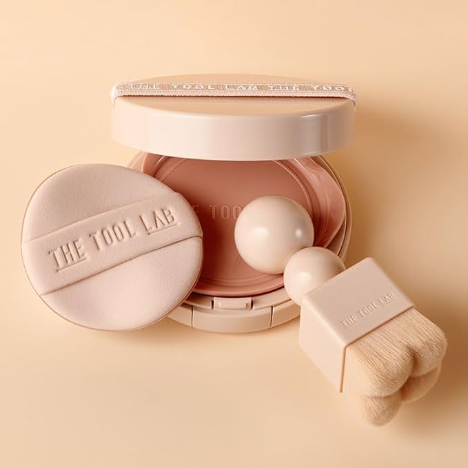 THE TOOL LAB Stamp Skinfit Cushion Foundation & Brush Set｜Glow type, No.23 Natural Beige｜120H Long-Lasting Coverage, Flawless, Ultra Adherence, Glass Glowy Clear Watercolor-Radiance Skin｜SPF 40++, 11g