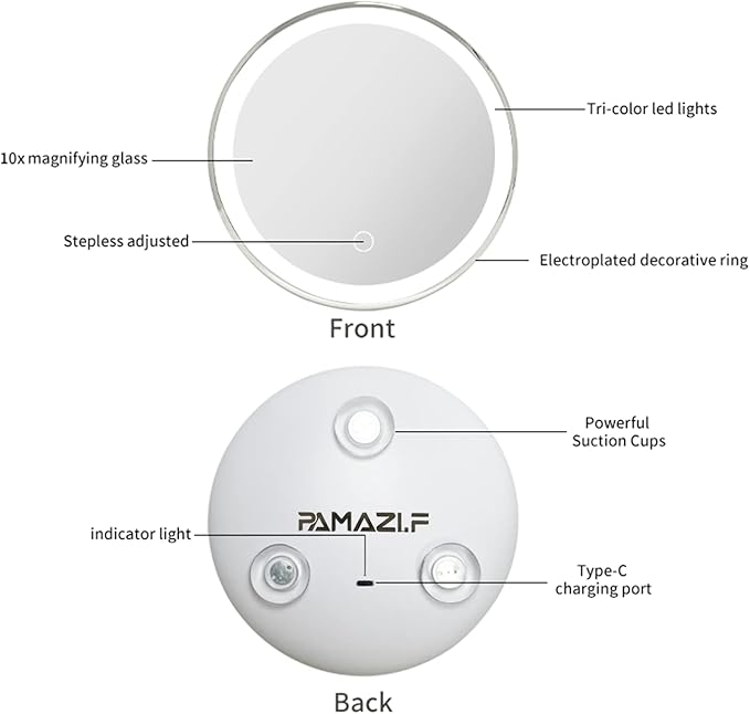 10X Magnifying Mirror Suction Cup with Light, Rechargeable Lighted Makeup Mirror, Compact Portable Bathroom Mirror for Travel