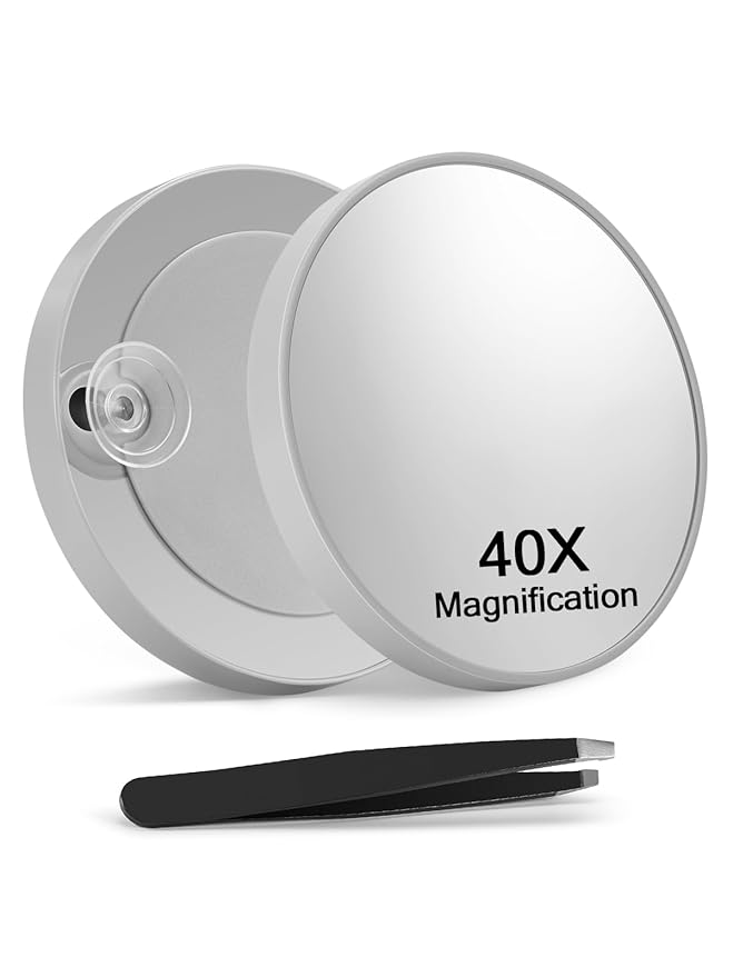 40X Magnifying Mirror with 2 Suction Cups, 3.5 inches Magnified Makeup Mirror and Slant Tweezers,Grey,1PC