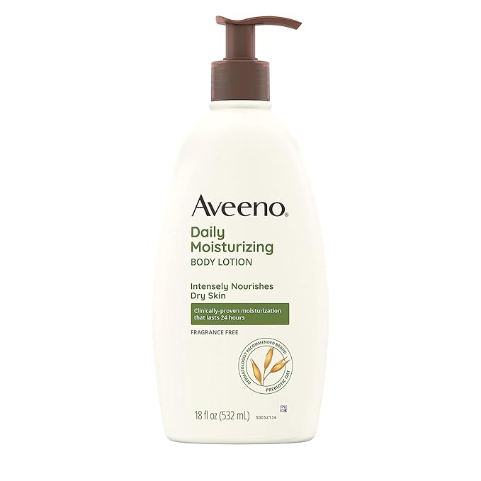 Aveeno Daily Moisturizing Body Lotion, Body Lotion for Dry Skin with Prebiotic Oat, Paraben Free, Fragrance Free, Non-Greasy, Non-Comedogenic Moisturizer, 18 FL OZ
