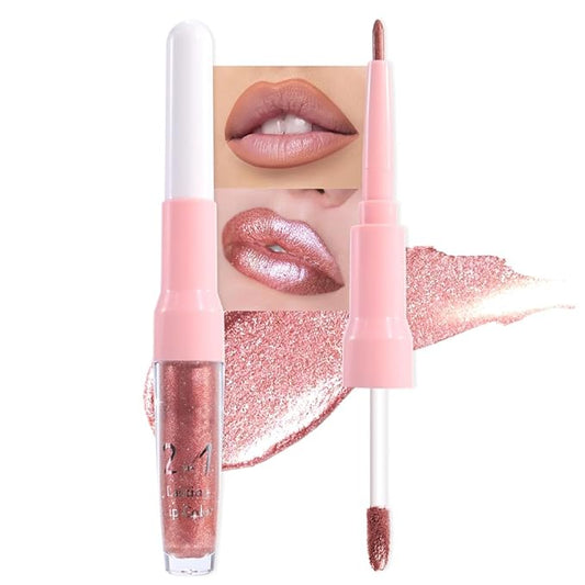 Rose Gold Metallic Shimmer Lip Liner and Lipstick Combo Lip Gloss Stain Set Makeup for Women Long Lasting Waterproof 24, Nude Pink Frosted Metallic Glitter Matte iridescent Liquid Lipstick lippies