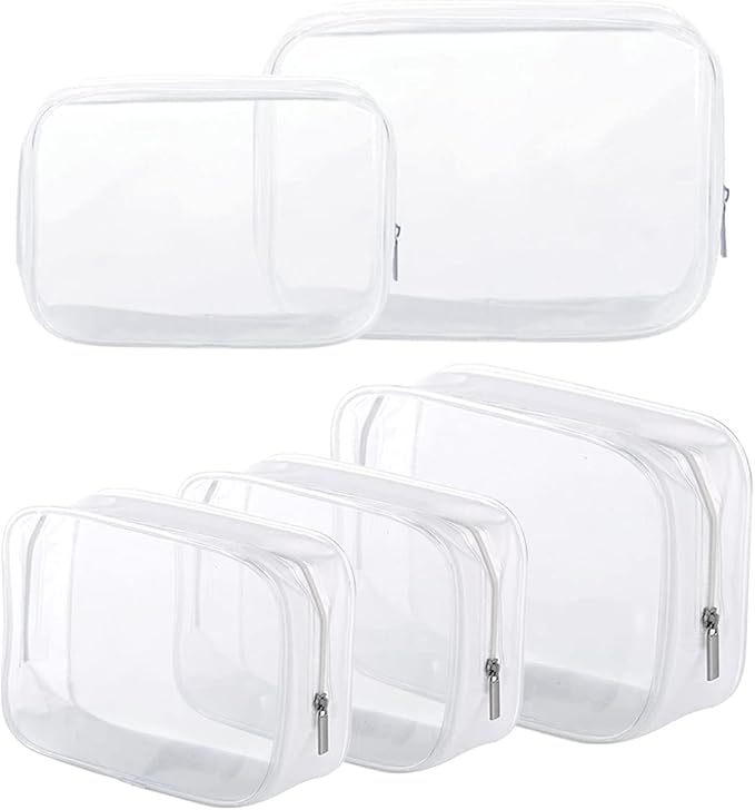 5 Pack Clear Plastic Zippered Toiletry Carry Pouch TSA Approved Toiletry Bag Portable Cosmetic Makeup Bag for Vacation, Bathroom and Organizing (White, Small/Large)