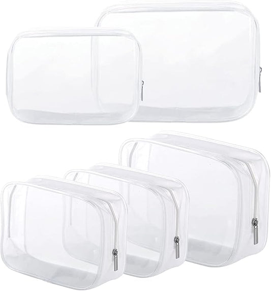 5 Pack Clear Plastic Zippered Toiletry Carry Pouch TSA Approved Toiletry Bag Portable Cosmetic Makeup Bag for Vacation, Bathroom and Organizing (White, Small/Large)
