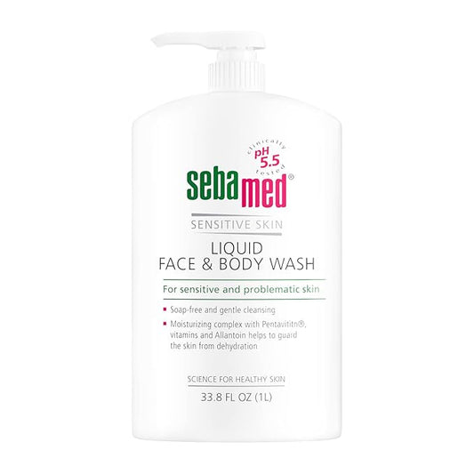 SEBAMED Sensitive Skin Face and Body Wash for Men and Women, pH 5.5, Mild Gentle Hydrating Cleanser, Hypoallergenic Body Wash, Dermatologist Recommended, 33.8 Fluid Ounces (1 Liter)