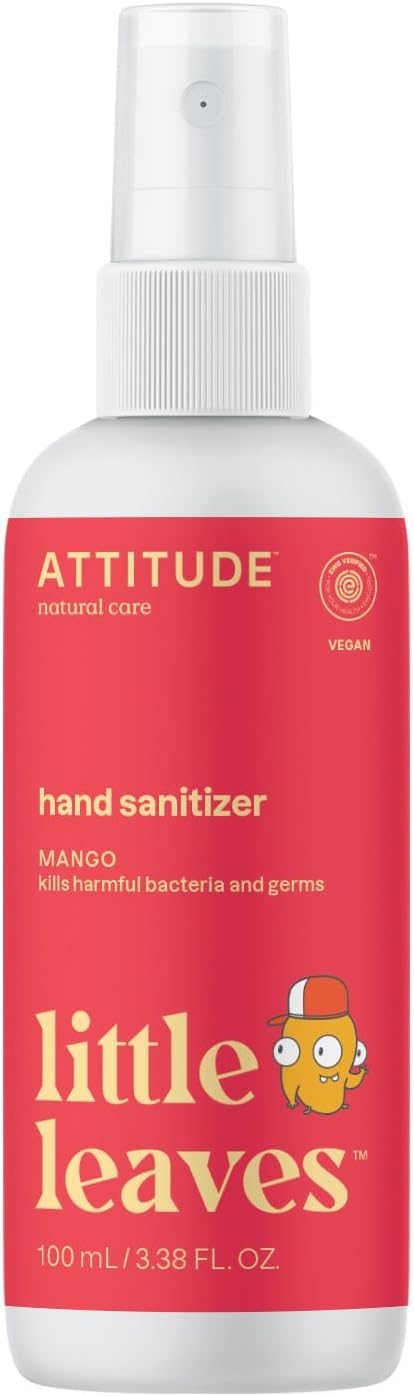 ATTITUDE Hand Sanitizer Spray for Kids & Adults, EWG Verified, Travel Size, Dermatologically Tested, Plant and Mineral Based, Vegan, Mango, 3.5 Fl Oz (Spray Bottle)