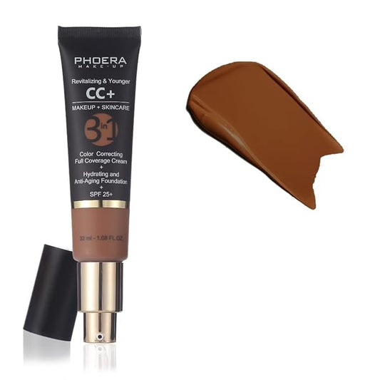 PHOERA Anti-Aging Color Correcting Full Coverage Cream Foundation SPF 25+ Revitalizing & Younger infused Concealer with Vitamins For dark circles, acne scars, wrinkles & redness. (200 Mocha)