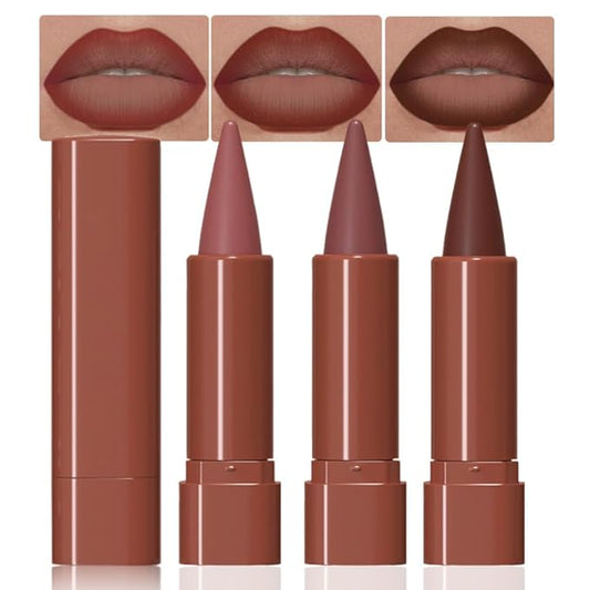 3Pcs Matte Lip Crayon Lip Liner and Lipstick Combo Sets, Gradient Matte Lip Bar Lipstick And Lip Liner Set, Contour Gradual Ombre Effect Lip Pencil For Old Women, Long Lasting Waterproof Smudge Proof