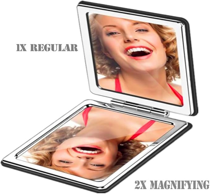 Black Compact Makeup Mirror for Men and Women, 1x/2x Magnifying Foldable Cosmetic Mirror, Portable Double-Sided Travel Mirror for Beauty, Elegant Vanity Mirror for Pocket Purse Clutch