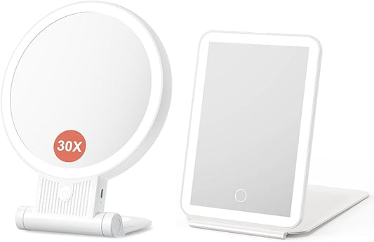 Magnifying Mirror with Light, 1X/ 30X Double Sided Makeup Mirror with 360° Rotation, Lighted Vanity Mirror with Tweezer and Rechargeable Travel Makeup Mirror with 1X/10X Magnification