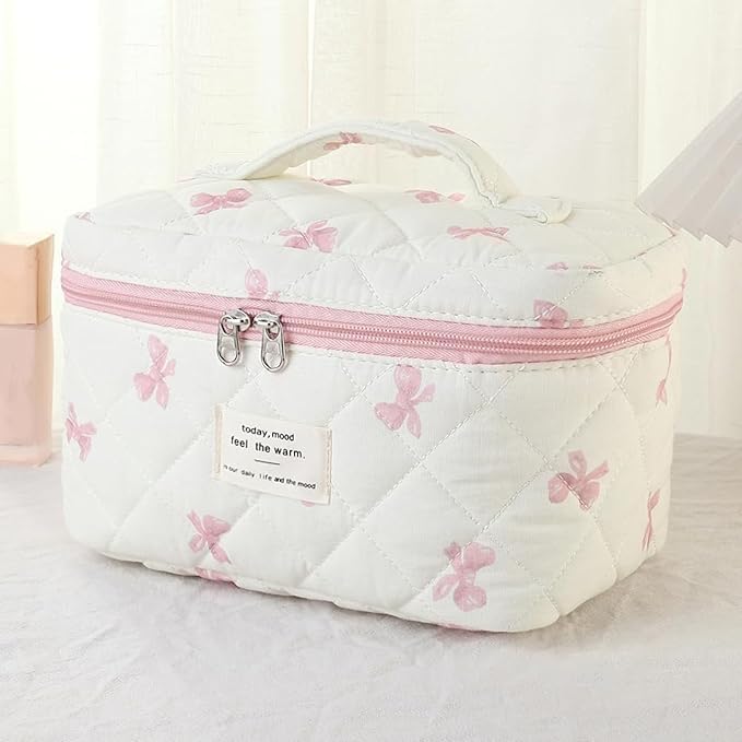 3 Pcs Quilted Makeup Bag Set, Bow, Coquette, Floral Make Up Bag - Large Toiletry Cosmetic Bags Organizer for Women & Girls (K-3PCS)