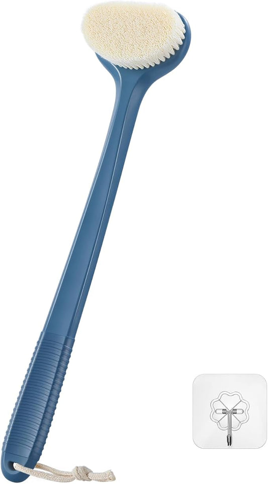 Shower Back Brush, Long Handle with Non-Slip Plastic, Moderate Bristles, Navy Blue