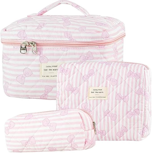 3 Pcs Quilted Makeup Bag Set,Coquette Bow Make Up Bag,Cute Floral Makeup Bags Large Toiletry Cosmetic Bag Organizer for Women Girls (N-3PCS)
