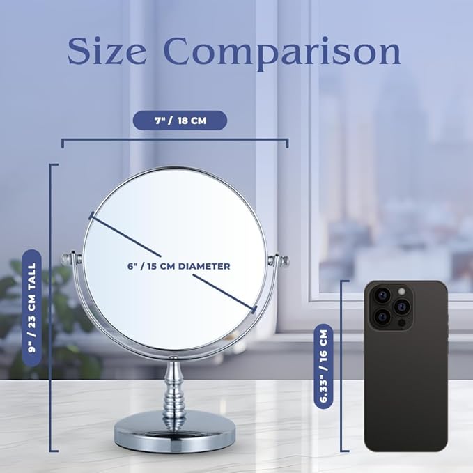 MIRRORVANA 20X Magnifying Makeup Mirror with Stand - Double-Sided 20X/1X Vanity Design for Desk, Countertop, or Bathroom Use - Ideal for Make Up and Skin Care Use - Stands 9" High x 6" Wide (Chrome)