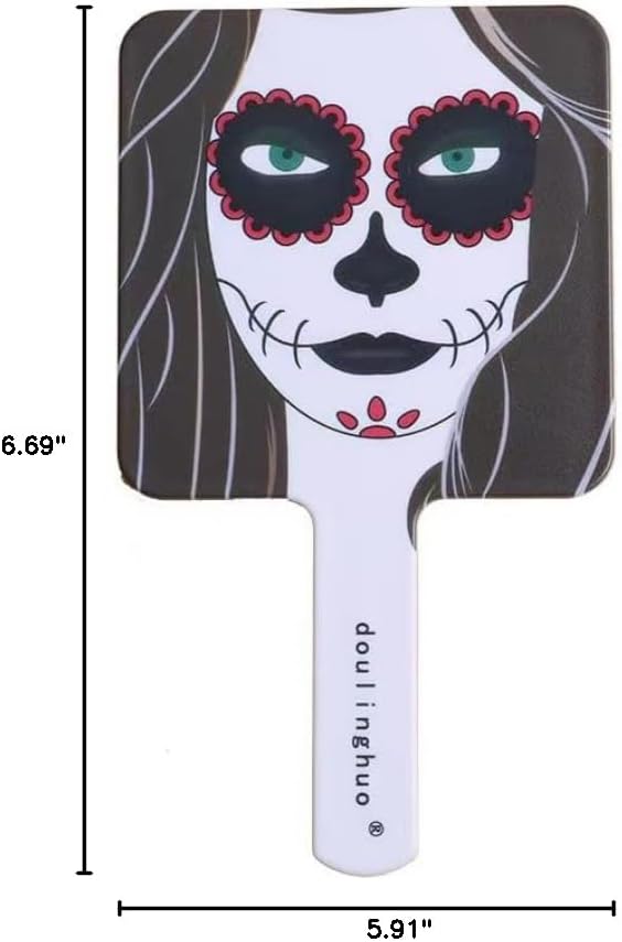 2Pcs Creative Hand Held Makeup Mirror with Printed Skull Makeup Mirror for Women,Girls, Square