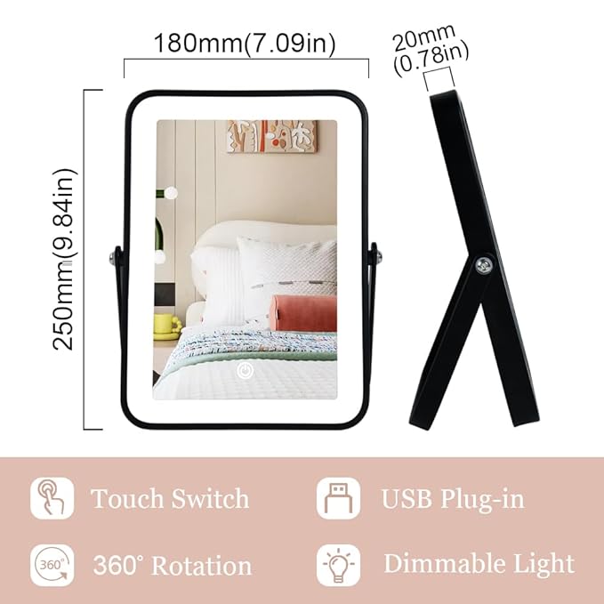 Black Rechargeable Makeup Vanity Mirror with Lights, Small Desk Makeup Mirror with Lights, 3 Lighting Modes, Dimmable Touch Screen, Tabletop Light up Mirror