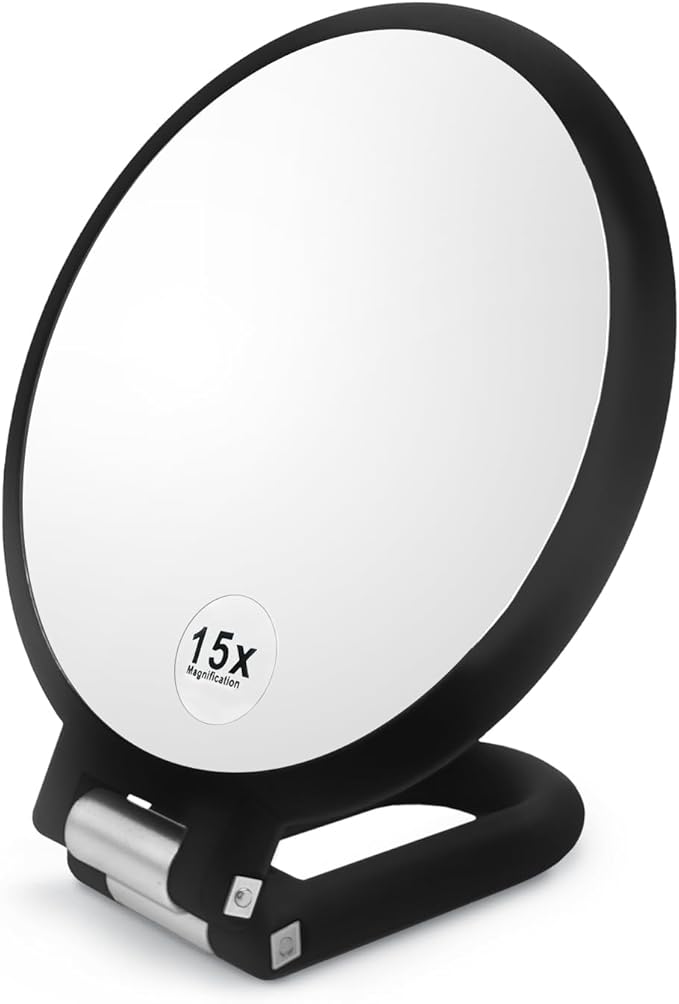 1X/15X Magnifying Folding Makeup Mirror, Black Double Side Handheld Mirror, Tabletop Vanity Mirror with Stand for Precision Makeup