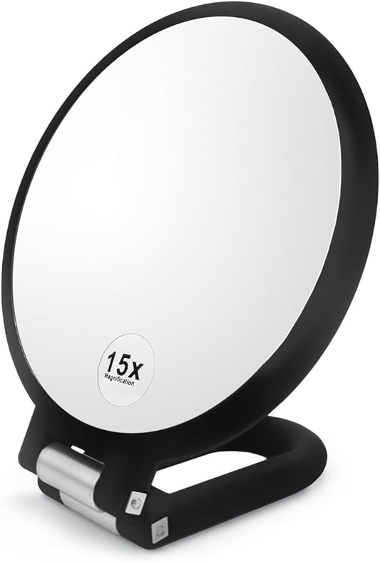 1X/15X Magnifying Folding Makeup Mirror, Black Double Side Handheld Mirror, Tabletop Vanity Mirror with Stand for Precision Makeup