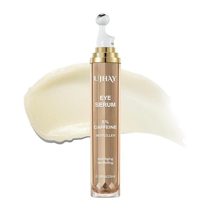 5% Caffeine Eye Cream, Under Eye Serum for Dark Circles, Puffiness & Wrinkles Fine Lines, Eye Roller Serum with 360° Massage Ball, Eye Treatment Balm for Men & Women