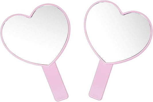 2PCS Heart-Shaped Makeup Hand Mirror,Travel Handheld Mirror Portable Personal Cosmetic Mirror with Handle (Pink)