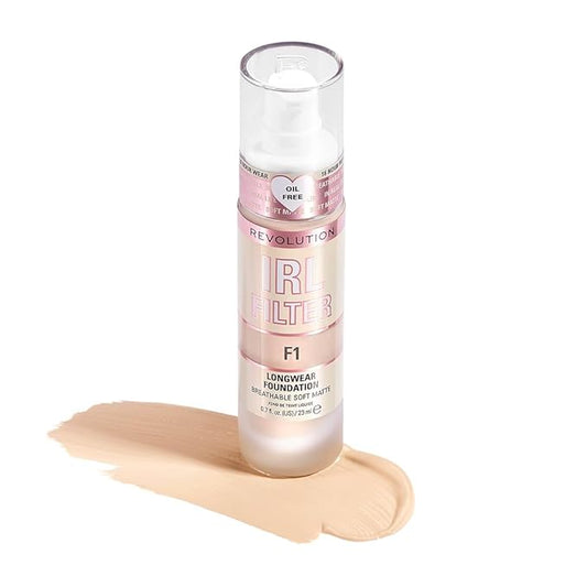 Revolution, IRL Filter Longwear Foundation, Soft & Breathable Formula, Medium to Full Coverage, Matte Finish, F1, 0.7 fl oz