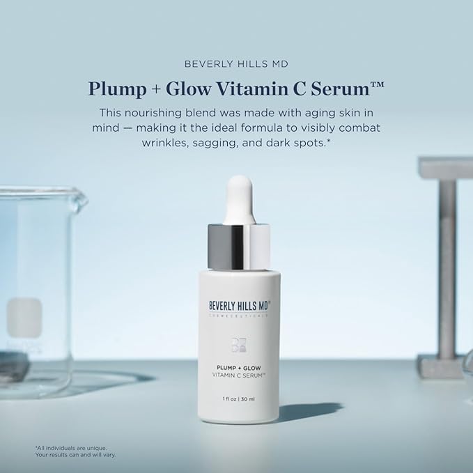 Beverly Hills MD Plump + Glow Vitamin C Serum for Aging Skin- Plumping Anti Wrinkle Lines Formula - Smooth, Firm, Brighten Skin w/Kakadu Plum, Niacinamide, Pomegranate Oil, Red Algae Extracts